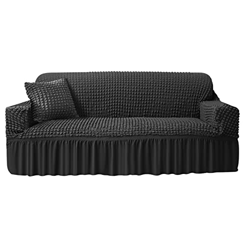 Neween Sofa Slipcover Silver Black Sofa Cover 1 Piece Easy Fitted Sofa Couch Cover Universal High Stretch Durable Furniture Protector With Skirt Vintage Country Style （3 Seater, Silver Black） #TOP18