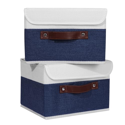 ANMINY Fabric Storage Box Bins with Lids, Blue White, 10"x8"x7", 2 Pack