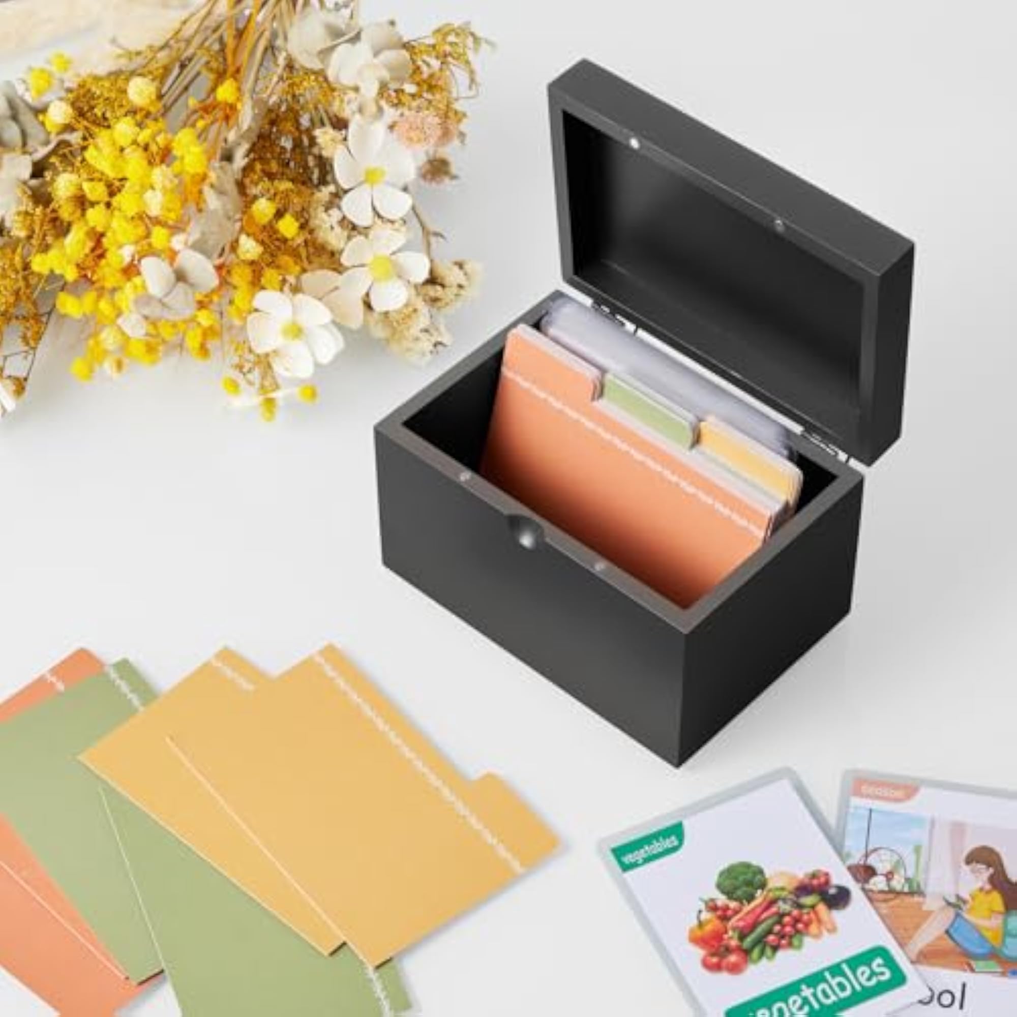 Wooden Index Card Holder with Dividers