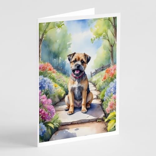 Caroline's Treasures Border Terrier Spring Path Greeting Cards Pack of 8 Blank Cards with Envelopes Whimsical A7 Size 5x7 Blank Note Cards