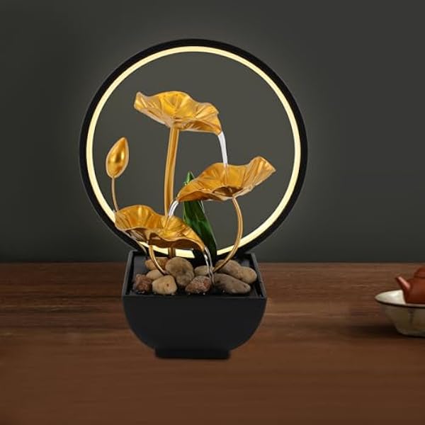 Настольный фонтан 22 x 13 x 28 см водопад с LED-подсветкой Электрический настольный фонтан для медитации с украшением в виде лотоса способствующий расслаблению с бесшумным насосом для дома гостиной офиса
