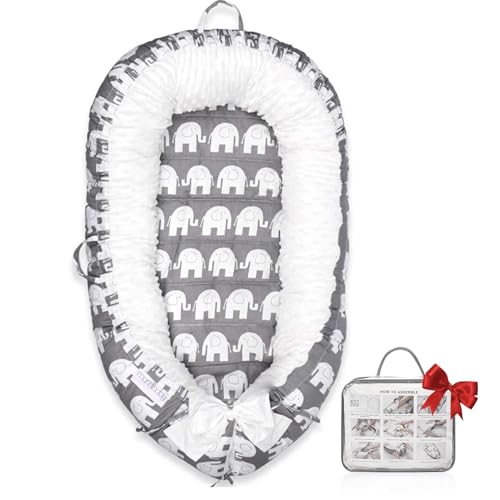 Image of JOCUTE Baby Lounger, Ultra Soft 100% Cotton & Breathable Fiberfill Newborn Lounger, Portable Adjustable Infant Floor Seat for Travel, Newborn Must Have Essentials Baby Registry Search(Elephant)