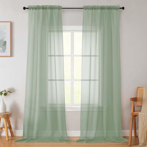 WelvetBLK Sage Green Sheer Curtains for Bedroom Living Room 96 Inches Long 2 Panels, Modern Airy Soft Lightweight Rod Pocket Light Filtering Sheer Curtains Drapes, Sage Green, Each 42" Wx96 L Inch