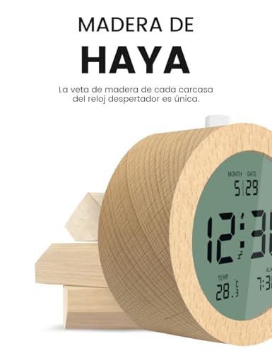 Miniatura 3 de Aboveclock Despertador Digital, Despertador De Madera Con Pantalla Lcd Que Muestra Temperatura Y Fecha, Función Snooze, Retroiluminación, Funciona Con 3 Pilas Aaa Pilas No Incluidas