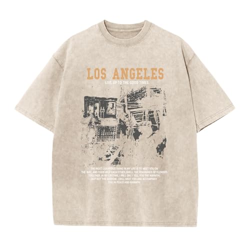 Image of Oversized Boys Graphic Tees Acid Wash Los Angeles Tshirt Youth Cotton T Shirt Crewneck Tee Kids Short Sleeve Tops