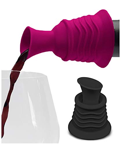 Simply Charmed Wine Stopper and Pourer 2 Pack – Pink and Black Silicone Wine Accessories to Serve Wine More Easily