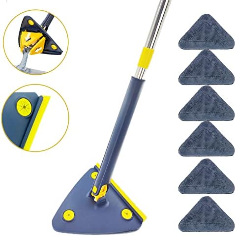 360° Rotatable Adjustable Cleaning Spin Mop, Shine Mop-Triangle Mop with Long Handle, Long Window Squeegee Mop, 6 Reusable Washable Mop Padsmops for Floor/Ceiling/Corner/Glass/Car/Skirting (Blue)