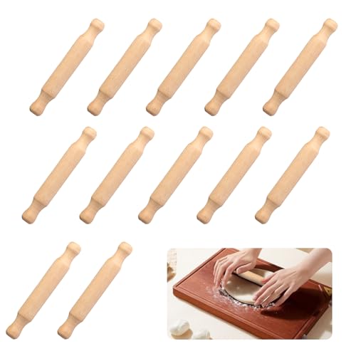 12 Pcs Mini Rolling Pin for Clay, Wooden Playdough Tools, Small Wooden Rolling Pins, Non-Stick Wood Dough Roller for Halloween Christmas Kitchen Baking Pizza Embossed Pastry Fondant Tools