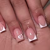 Ceboic 24 Stück Press on Nails French, Soft Gel Nägel Zum Aufkleben Eckig Kurz Weiße Herz Kunstliche Nägel, Natürlich Elegante Klebenägel, Acryl Full Cover Fingernägel zum Aufkleben für Frauen Mädchen