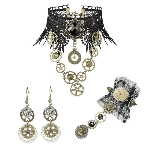 KASLCWA Steampunk Accesorios Mujer Set Joyería 3 Piezas Engranajes Vintage, Collar Gargantilla Gótico, Pulsera de Encaje y Pendientes para Halloween Cosplay Carnaval