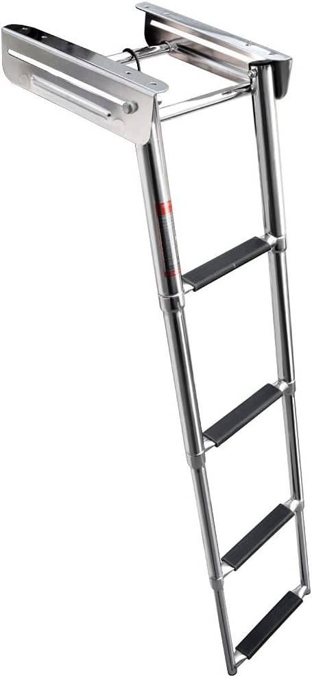Condition photo showing As Is for 4-step stainless steel sliding dive ladder - telescoping ladder for pontoon boat, 900 lb capacity