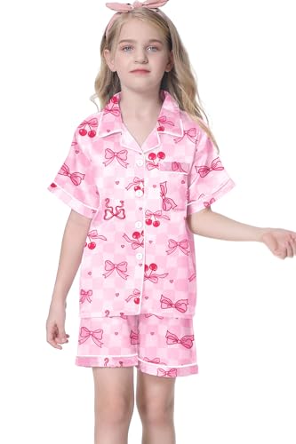 Image of Umeyda Women & Girls Pajamas Set, 2 Piece PJS Satin Silk Sleepwear Button-Down Top with Shorts for Mom Kids Gifts