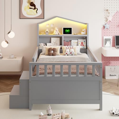Cama individual de madera maciza con diseño seguro en gris 4