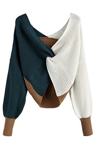 Zaful Women's V Neck Twist Back Color Block Sweater Criss Cross Long Batwing Sleeve Knitted Cropped Pullover Jumper Peacock (S,0-Green & Blue) #TOP25
