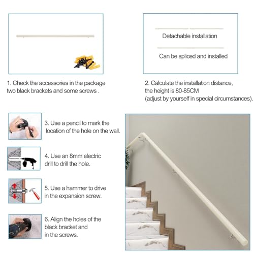 Barra di supporto per scale in pino massiccio bianco, 4,5 m, antiscivolo, per interni, bagno, corridoio, facile installazione fai da te