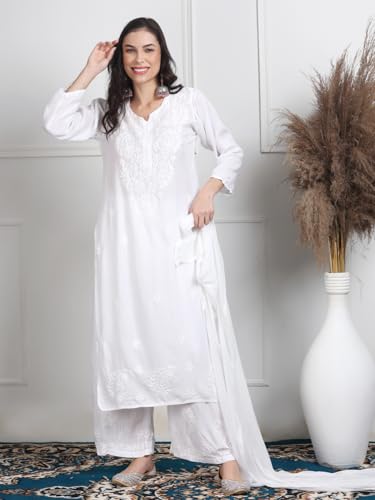 Image of Women's Luxe Lucknowi Chikankari Hand Embroidered Rayon Dyed Kurti Palazzo Dupatta Set - Designer Ethnic Wear for Wedding, Festive & Party Occasions