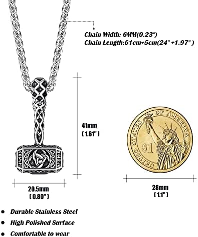 JeryWe Mjolnir Necklace Stainless Steel Viking Jewellery for Men Women Mjolnir Pendant Necklace Viking Hammer Necklace Vintage Thor Miljonir Necklace 24"