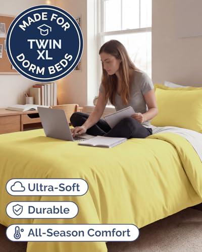 Image of Duvet Cover Twin /Twin XL Size Set - Extra Soft Twin /Twin XL Duvet Cover 68 inch x 90 inch with 1 Pillow Sham for Women, Men, Kids & Teens - Comfy, Easy-Care & Fade Free with Zipper Closures and Ties (Yellow)