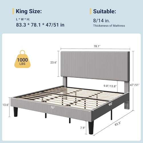 Image of Allewie King Bed Frame, Corduroy Tufted Headboard, Light Grey