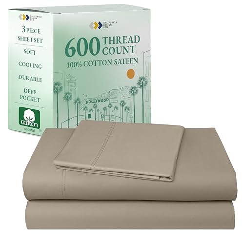 California Design Den Luxury Twin Sheet Set - 100% Cotton, 600 Thread Count Deep Pocket Twin Sheets, Soft Hotel-Quality Bedding with Sateen Weave (Cool Taupe)