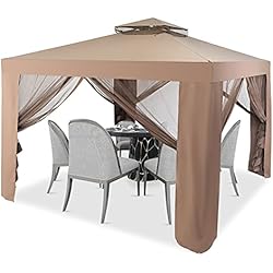 GIANTEX Cenador con Techo Gazebo Pabellón Exterior 3 x 3 m, con Estructura de Acero y 4 Cortinas Laterales, Ventilación y Anti-Mosquitos, para Terrazas, Céspedes, Balcones (Marrón)