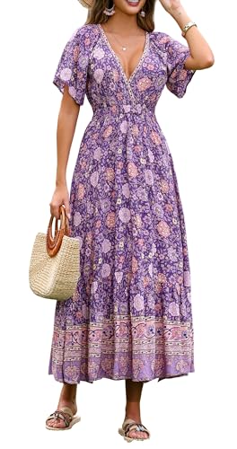 Image of R.Vivimos Women's Summer V Neck Maxi Dress Boho Floral Print Short Sleeve Elastic Waist Ruffle Patchwork A-Line Beach Dress