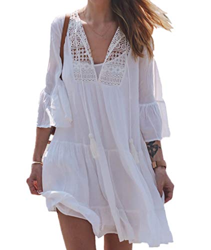 LikeJump Floral Encaje Túnica Vestido de Playa Kimonos Pareos Bohemia Camisa Verano para Mujer Cover