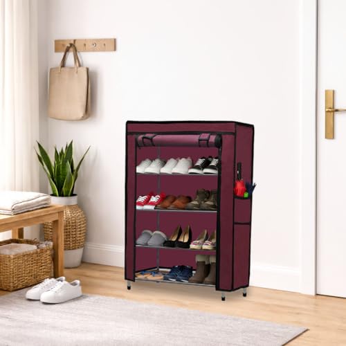 Image of Metal Shoe Stand with Cover, 4 Tier Shoe Organizer for Home & Office - Maroon