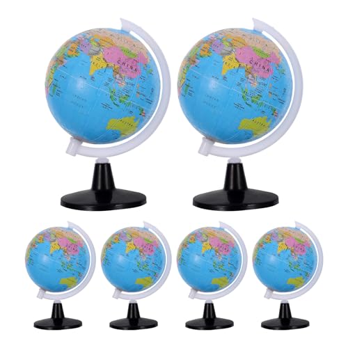 WRITWAA 6 mini edukacyjnych globusów do sali lekcyjnej, 8,5 cm/3,3 cala, wirujące plastikowe globusy na biurko z angielskimi etykietami, mała dekoracja stołowa do geografii