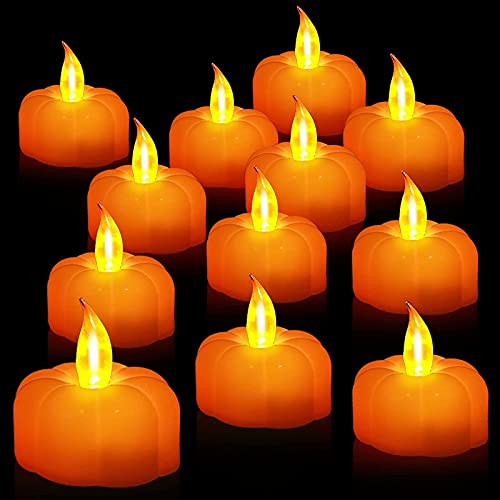 TURNMEON 12 Pack Fall Pumpkin Tea Lights, Led Pumpkin Flame Less Candles Battery Operated Fall Decoration Flickering Candles for Fall Thanksgiving Table Decoration Home Halloween Indoor Party Decor