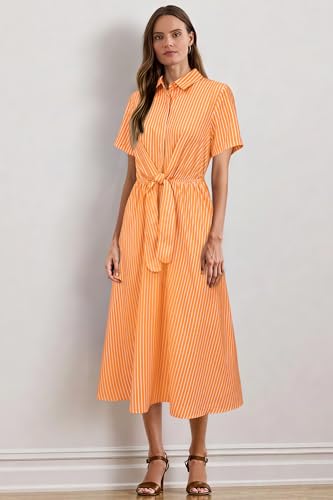 Image of Newshows Women's Work Business Casual Outfits Tie Waist Midi Shirt Dress | Lightweight & Breathable Easy-care Fabric, Side Pockets, Decent Professional Attire, Church Office Funeral Outfits