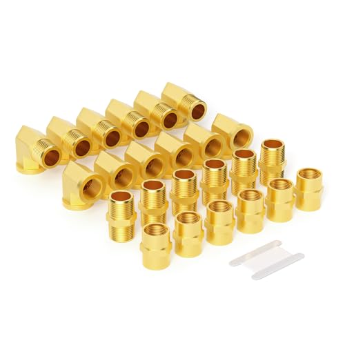 GASHER 24PCS 1/8 Inch NPT Brass Pipe Fittings, Hex Nipple, Hex Coupling, 90 Degree Barstock Street Elbow Air Hose Fittings