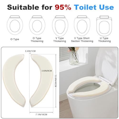 Soft Thicker Flannel Bathroom Toilet Seat Cover, 2 Pack Non Slip Warmer Comfortable Seat Cushions with Memory Foam, Easy Install with Self-Adhesive Tape, Reusable Toilet Lid Cover (Off-White,Navy)