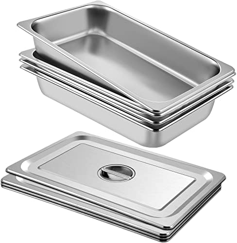 VEVOR 4 Pack Stainless Steel Full Size Hotel Pans with Lids – 3.7" Deep, 0.8mm Thick Anti-Jam Commercial Food Pans for Steam Tables, Restaurants & Catering, 20.8" x 13" x 3.7"