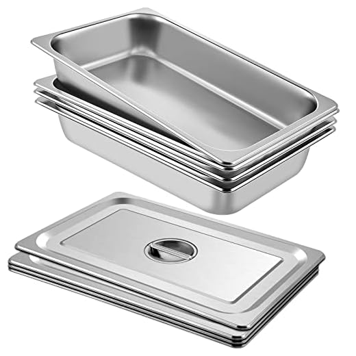 Mophorn 4 Pack Hotel Pan 4" Deep Steam Table Pan Full Size with Lid 20.8"L x 12.8"W Full Size Hotel Pan 22 Gauge Stainless Steel Anti Jam Steam Table Pan