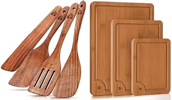 Wooden Spatula for Cooking Set of 4, Wooden Cutting Boards Set of 3 - Paddle, Turner, Slotted Spurtle, Scraper - Durable, Perfect for Food Prep