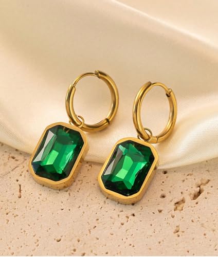 Image of El Regalo Stainless Steel Rectangular Cut Rhinestone Hoop Earrings - Elegant 18K Gold Plated Waterproof Vintage-Inspired Cubic Zirconia Huggie Hoops for Women
