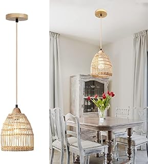 Frideko Natural Rattan Pendant Light - Modern Hanging Ceiling Lights, Rustic Weave Rope Light Fittings for Bedroom, Living Room, Hallway, Kitchen