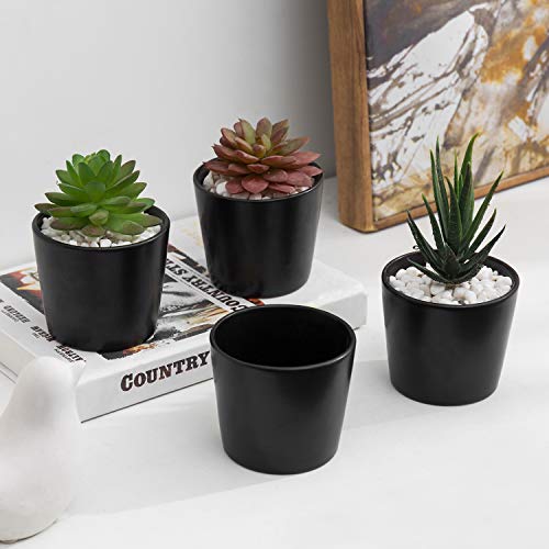 MyGift 3.5 Inch Mini Modern Cylindrical Matte Black Ceramic Flower Succulent Planter Pot Containers, Set of 4