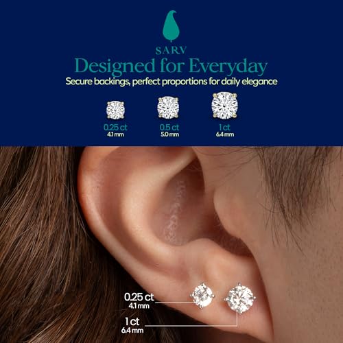 SARV 1/4-1 CTTW Solitaire Lab Grown Diamond Stud Earrings for Women in 14k Gold | 4 Prong, Round Excellent Cut | D-F Color, VS-VVS Clarity | IGI Certified 1 Carat and more | Hypoallergenic |Gift Ready4