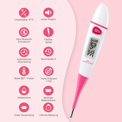 Easy@Home Basalthermometer zur Zykluskontrolle: Basaltemperatur Thermometer Kinderwunsch Fruchtbarkeitsthermometer für Fruchtbarkeit- und Eisprung-Tracking mit Intelligent Premom APP (Rosa)