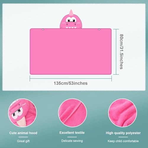 Image of MICHLEY Cartoon Hooded Baby Towel Unisex, Premium Soft Swimming Bathrobe Large Washcloths 31.5 inch x 53 inch for 0-9T (Pink Dinosaur)