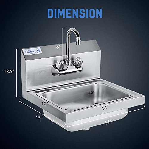 Profeeshaw Stainless Steel Sink Commercial Wall Mount Hand Washing Basin Nsf Certified, With Gooseneck Faucet And Backsplash, For Restaurants, Stores, Bars And Home, 17" X 15" #TOP1
