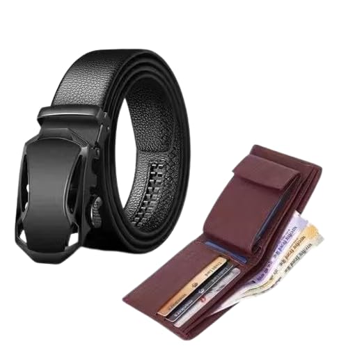 Men's Leather Belt with Automatic Buckle, Black, with Wallet Combo-picture-17