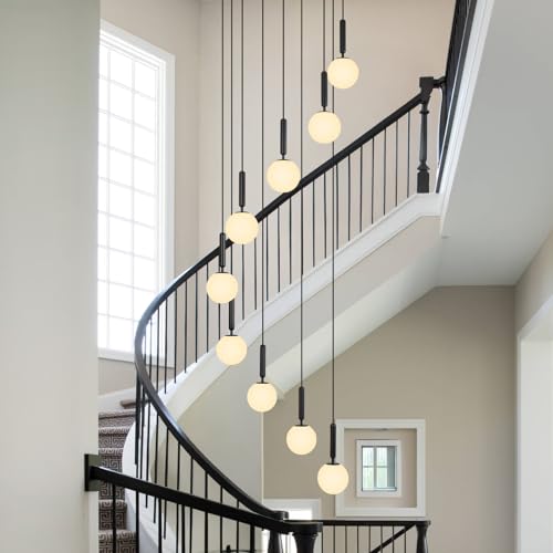 Image of 9-Lights Black Chandelier with Milk White Glass Mid Century Modern