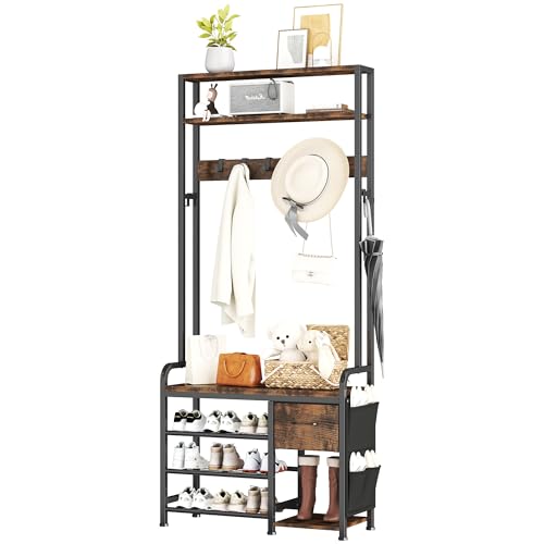 Homeiju Hall Tree with Bench and Shoe Storage, 3-in-1 Entryway Organizer with 6+2 Hooks, Coat Rack with Adjustable Feet for Stability, Mudroom Furniture with Storage Shelf
