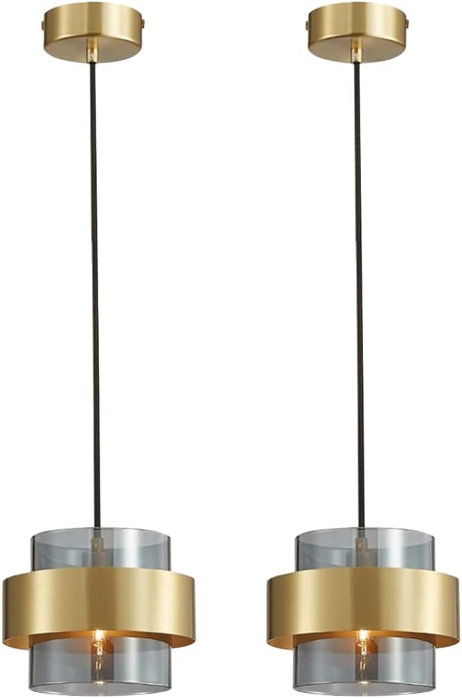 PobllemGold Pendant Lights for Kitchen Island 2-Pack Brass Ceiling Hanging Light with Smoke Gray Glass Shade, Mid Century Modern Chandelier Dining Room Bedroom Living Office… (2-Pack), (QA1121-2)