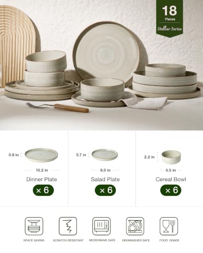Image of Famiware Stellar 18-Piece Stoneware Dinnerware Set, Matcha Green | Stoneware Plates and Bowls, Handmade Reactive Glaze, Microwave & Dishwasher Safe, Chip & Scratch Resistant
