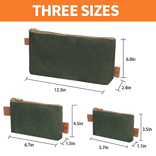 Wessleco Canvas Zipper Pouch, 3 Pack Small Tool Pouch Organizer, Heavy Duty 16Oz Waxed Canvas Mini Zipper Bag Pouch, 5.7/6.7/12.3 Inch Tool Multipurpose Water Resistant Storage Pouches(Green) #TOP3