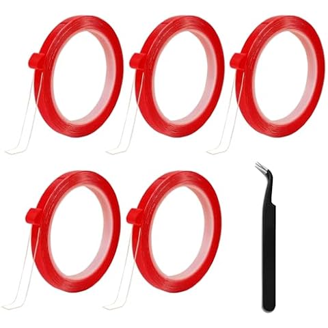 GUXACU 5 Rolls Double Sided Tape Nail Tape for Press On Nails Double Sided Nail Tape for Nail Packaging Fake Nail Storage Nail Display Nail Art Nail Salon Press On Nail Supplies with Tweezer Cover